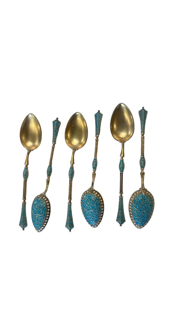 Set of Six Sterling and Enamel Coffee Spoons