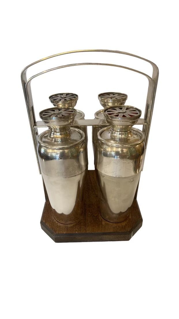 Napier Silver Plate Set of Four Shakers in Walnut Caddy