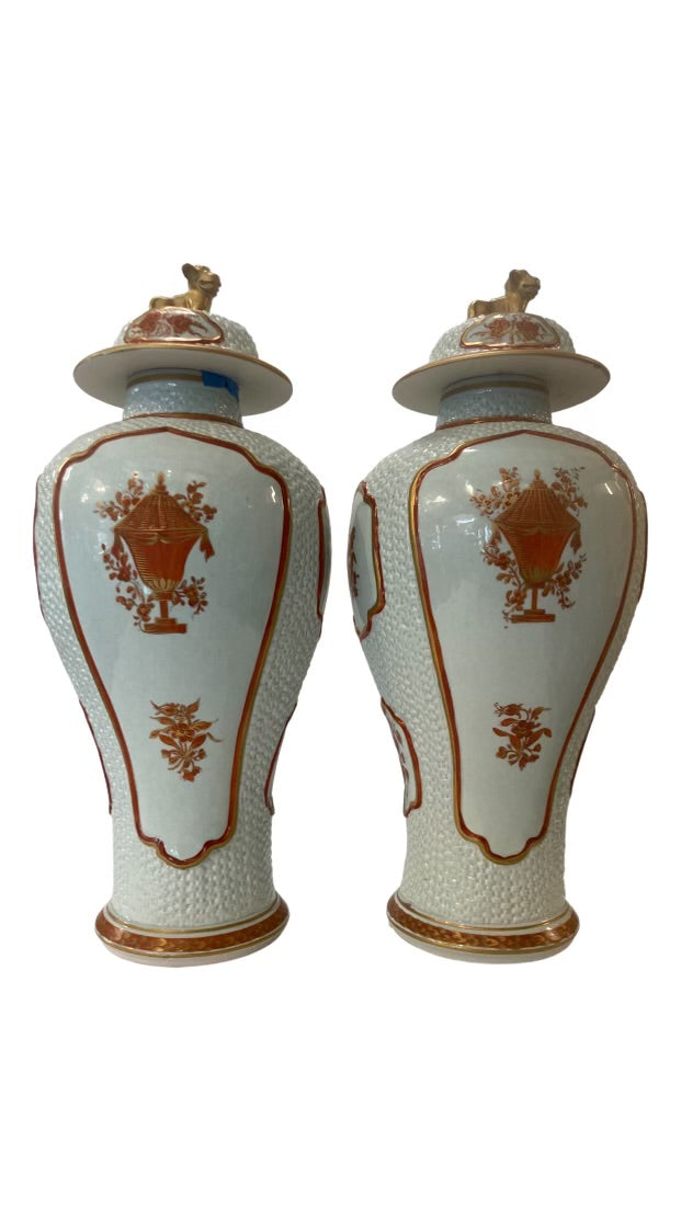 Pair Armorial Ginger Jars With Foo Dog Finials