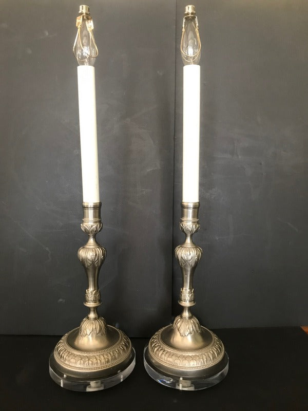 Pair Silvered Candlestick Lamps on Lucite Bases