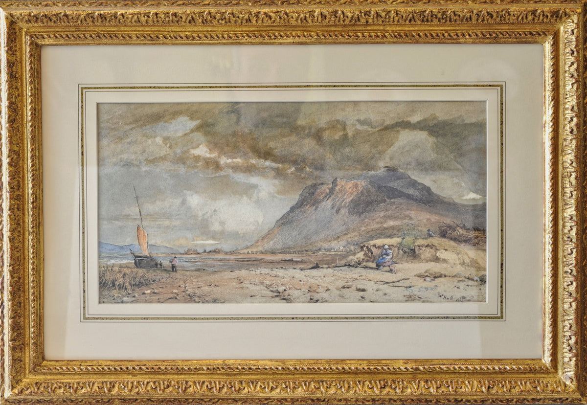 W. Hull (1820-1880) English Watercolour "Estuary Life at Low Tide" 1861