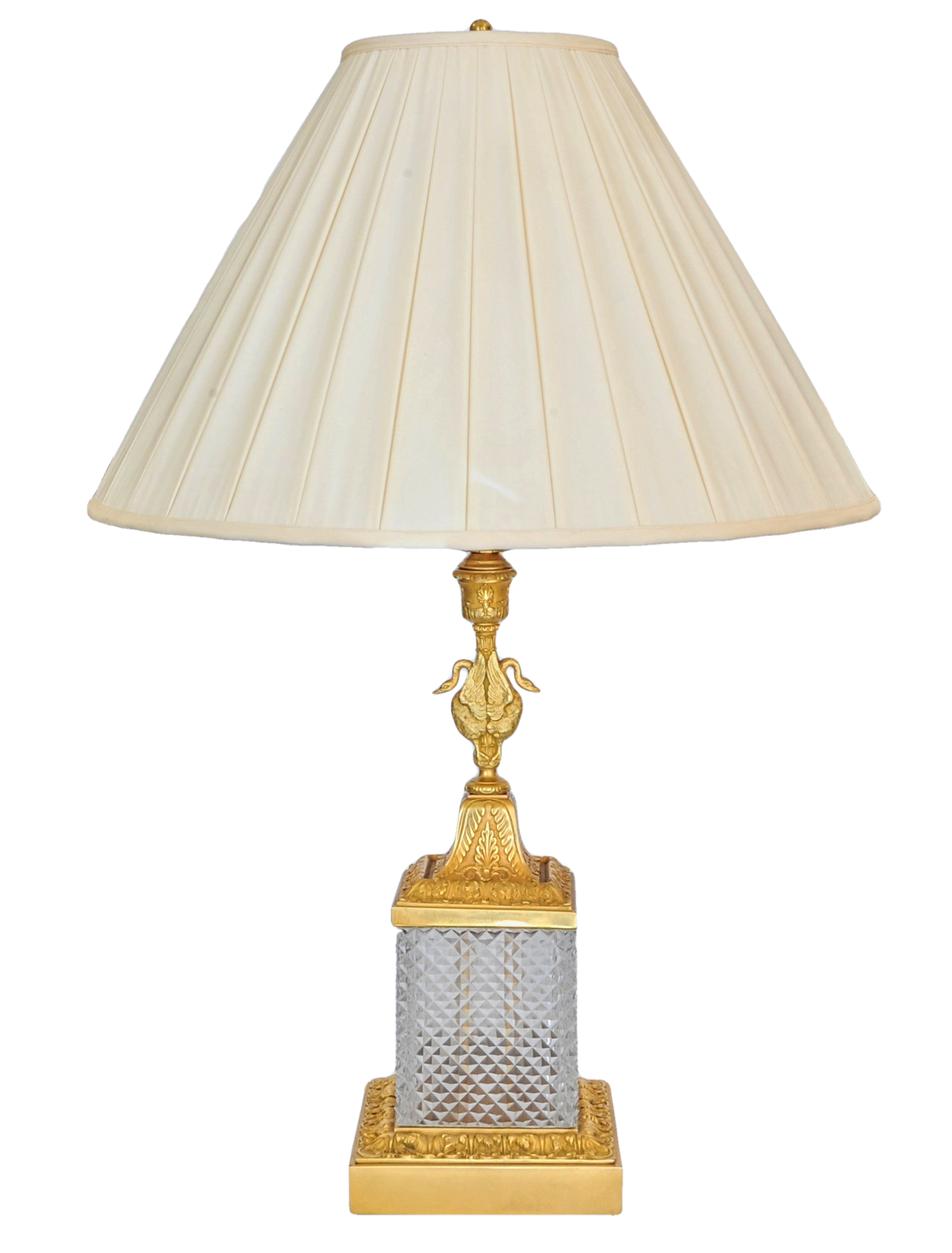 Neo-classical Style Ormolu and Incised Crystal Double Swan Lamp