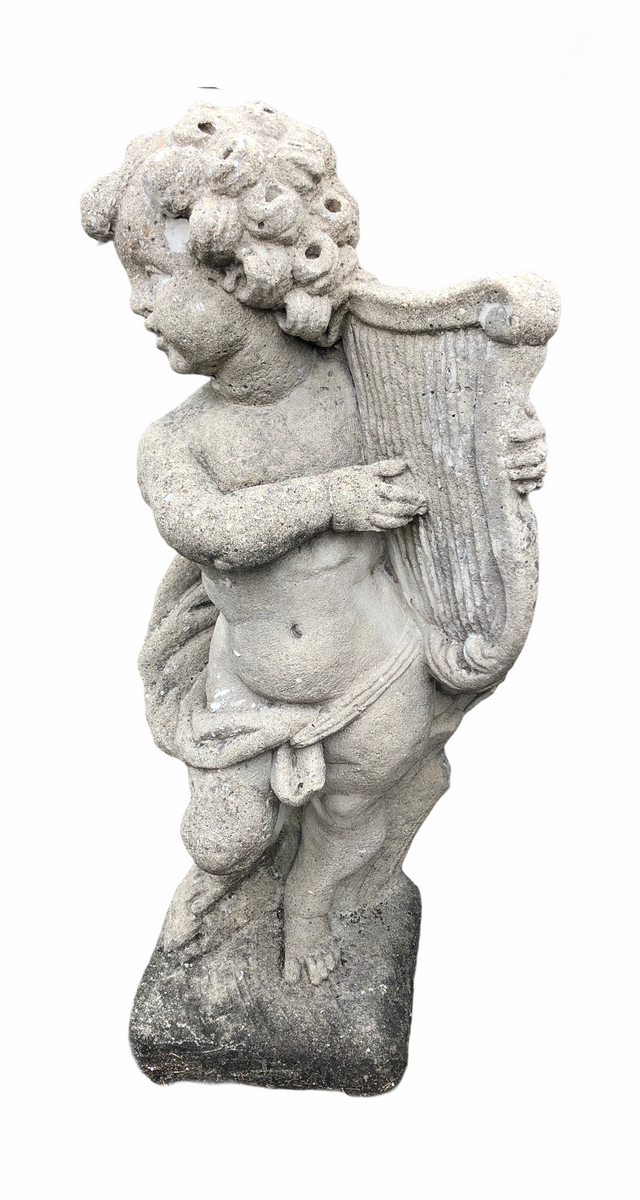 Cast Stone Cherub with Harp – Kofski Antiques