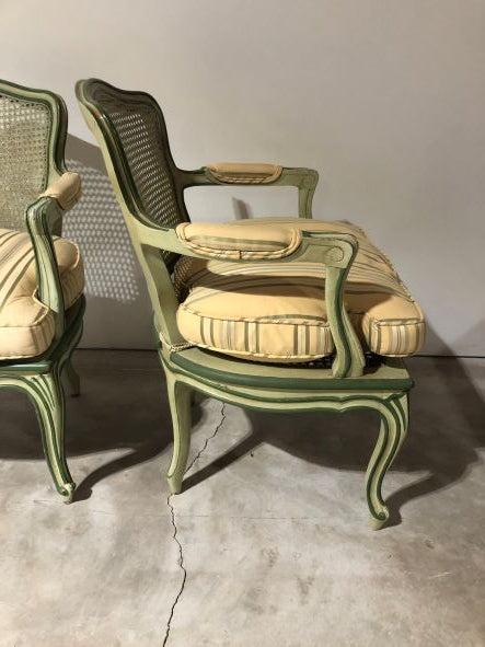 Pair Vintage Cane Painted Bergere Chairs
