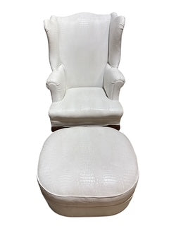 White Faux Leather Wing Chair with ottoman