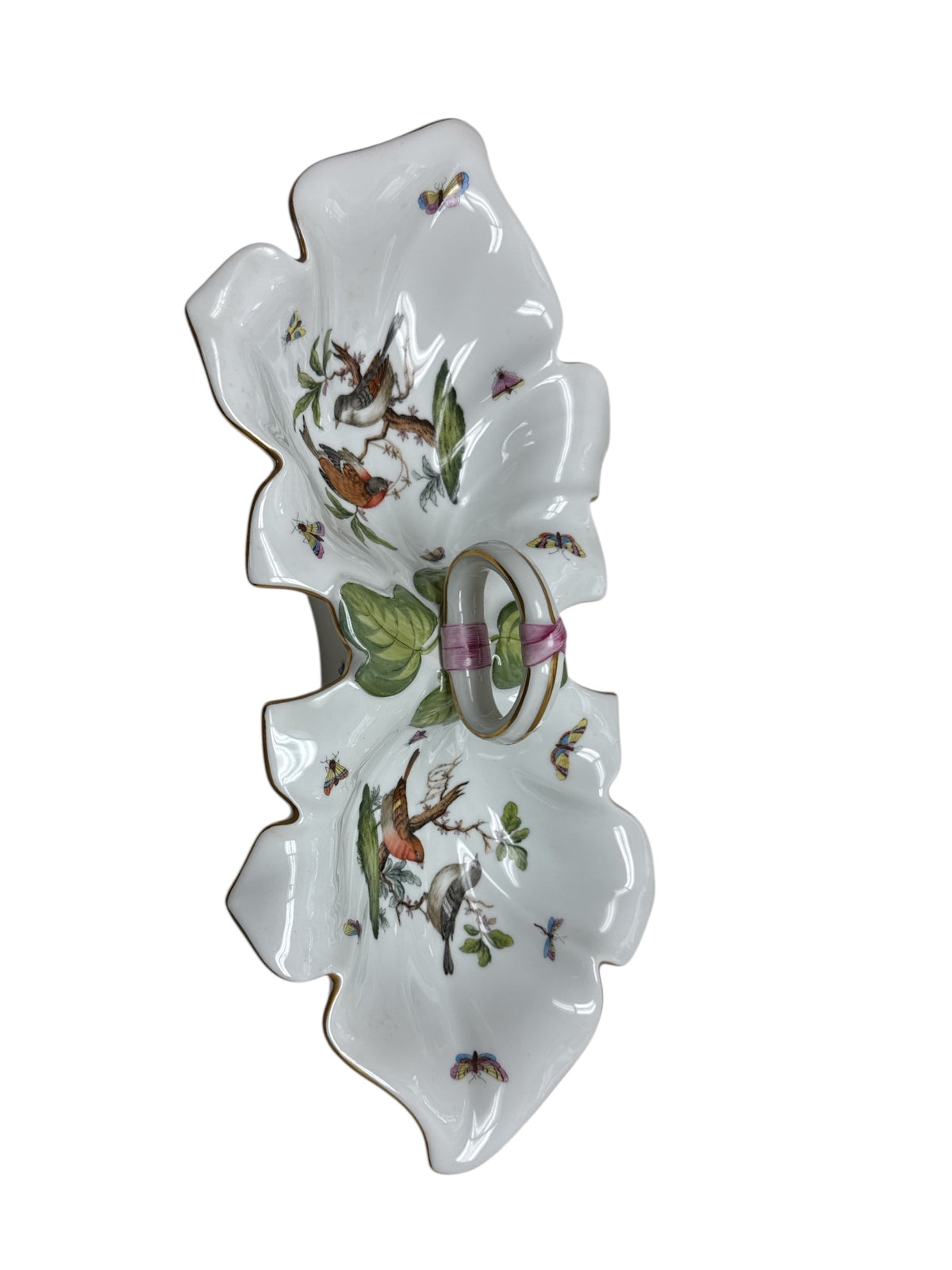 Herend Rothschild Bird Double Leaf Dish w/Handle