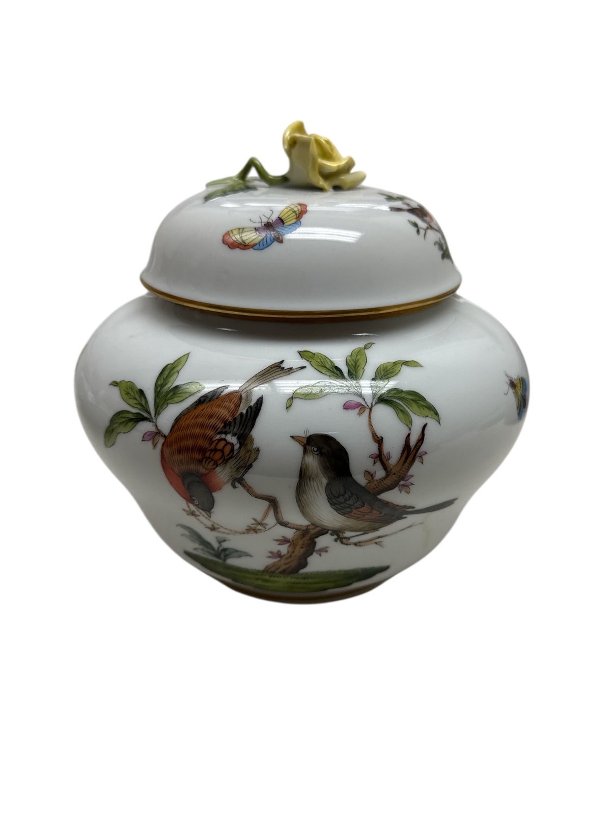 Herend Rothschild Bird Lidded Ginger Jar with Yellow Rose Finial