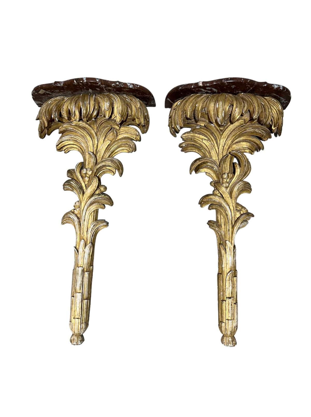 Pair of Wood Carved Gold Gilt Wall Brackets with Marble Tops