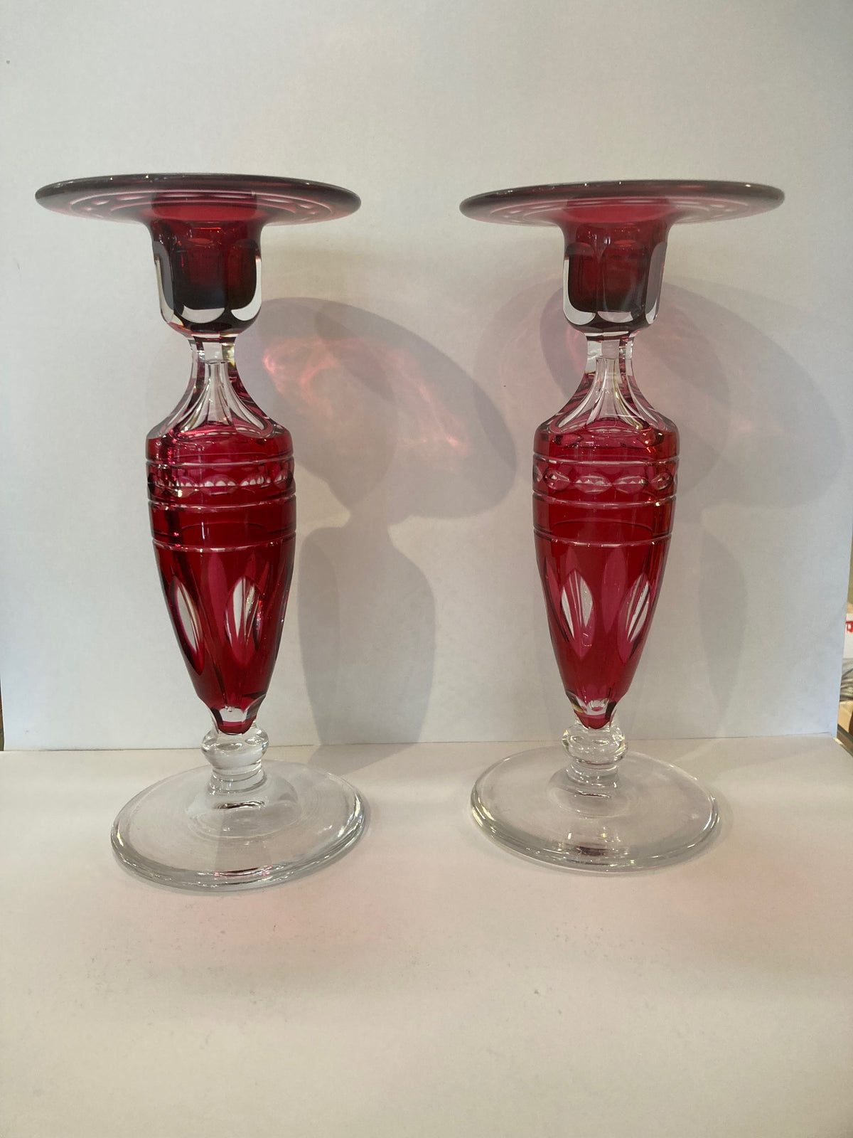Rasberry Cut to Clear Center Bowl & Candlesticks