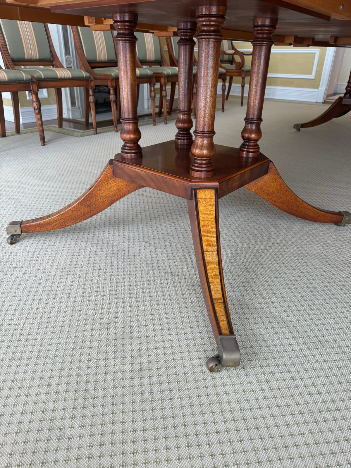 Georigan Style Multi Wood Banded Double Pedestal Dining Table