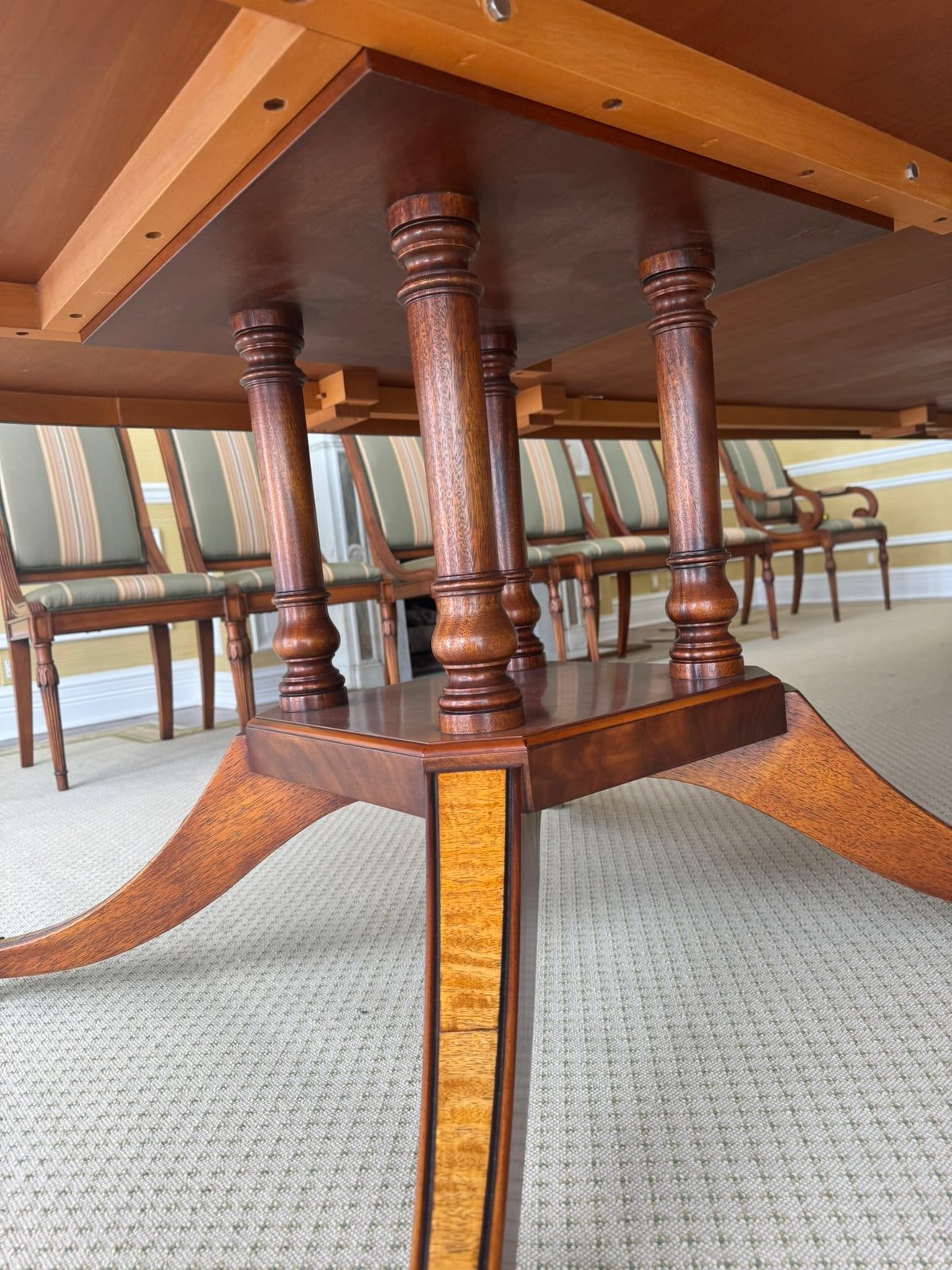 Georigan Style Multi Wood Banded Double Pedestal Dining Table