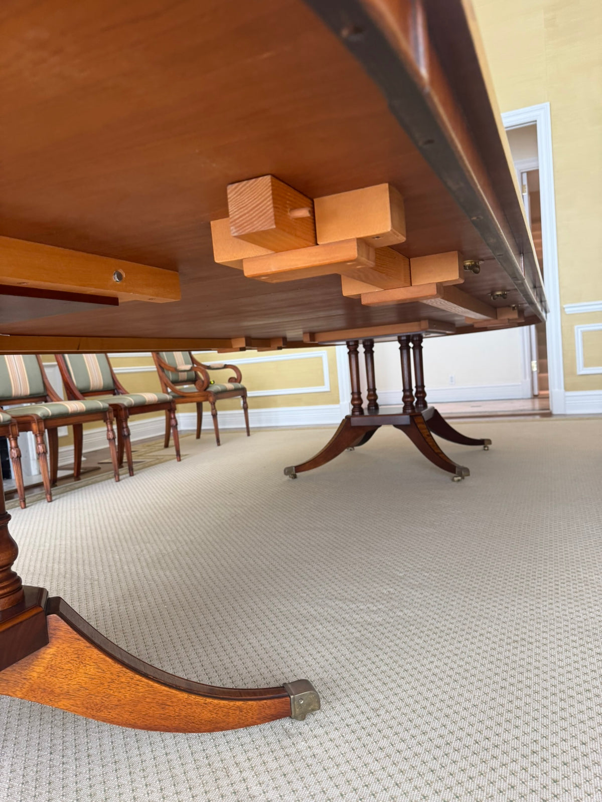 Georigan Style Multi Wood Banded Double Pedestal Dining Table