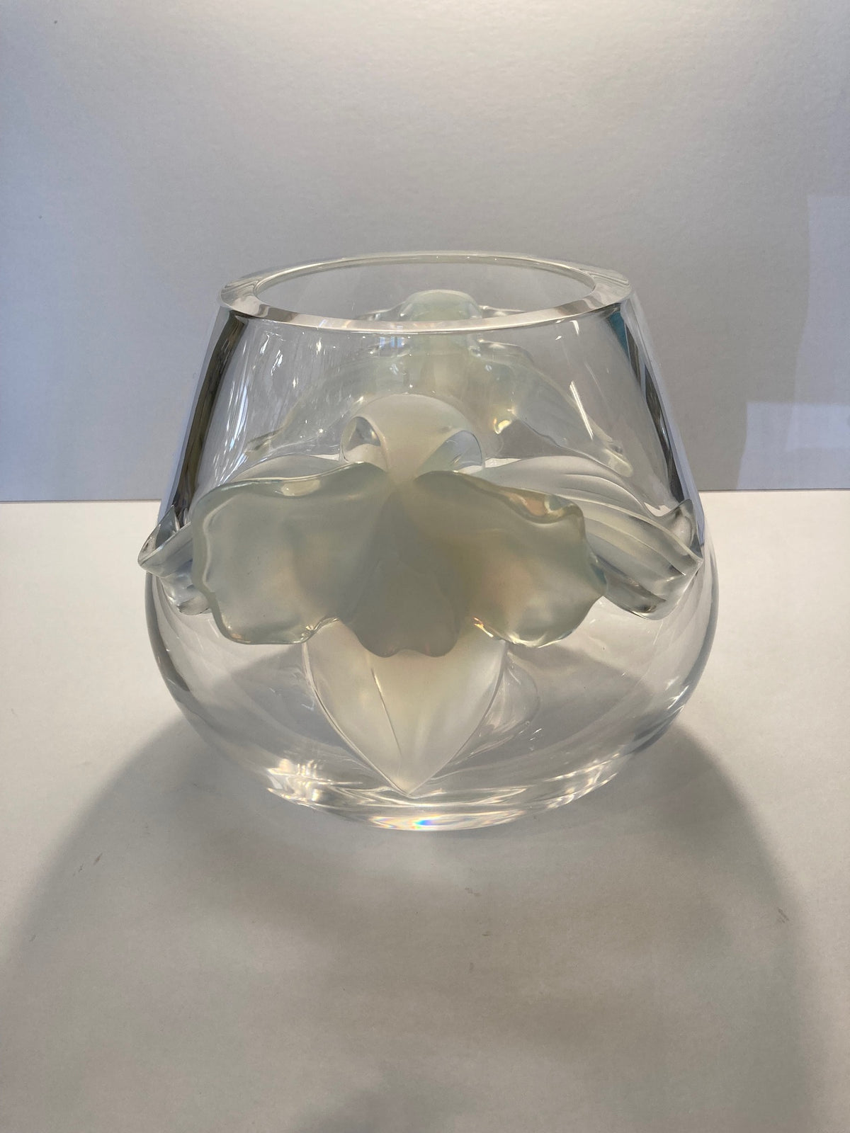 Lalique "Orchidee" Clear Crystal Vase with Dimensional Opalescent Orchid Accents