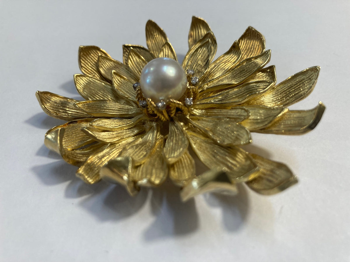 Gold Flower Petal With Diamonds and Pearl Brooch