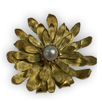 Gold Flower Petal With Diamonds and Pearl Brooch