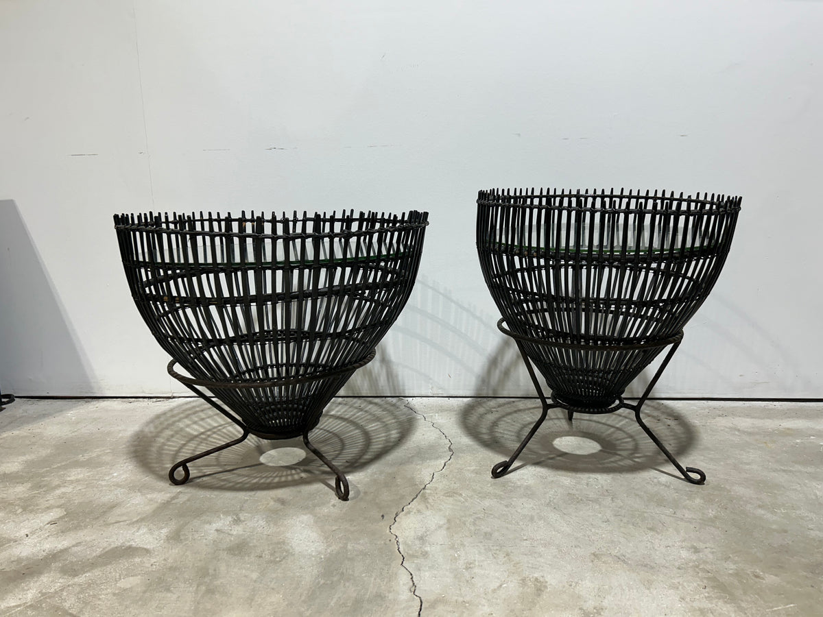 Pair of Rattan Fish Trap Baskets with Iron Tripod Bases