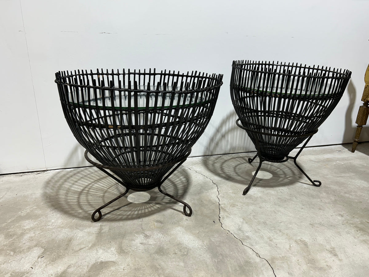 Pair of Rattan Fish Trap Baskets with Iron Tripod Bases