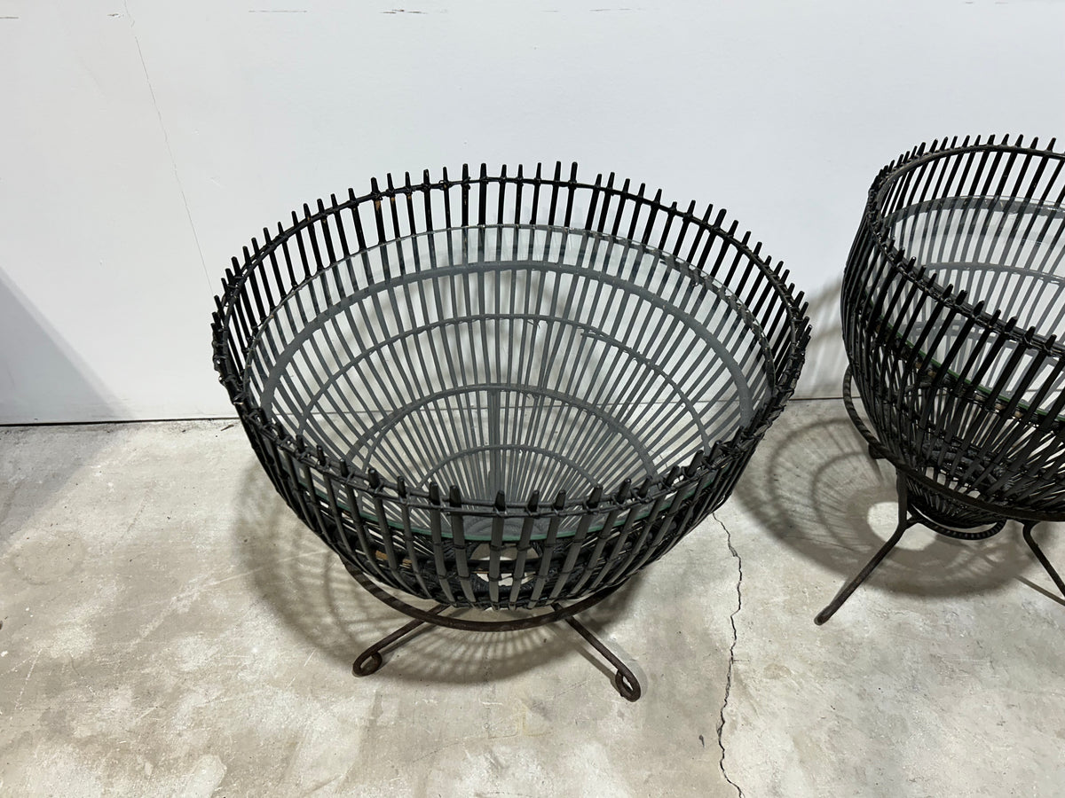 Pair of Rattan Fish Trap Baskets with Iron Tripod Bases