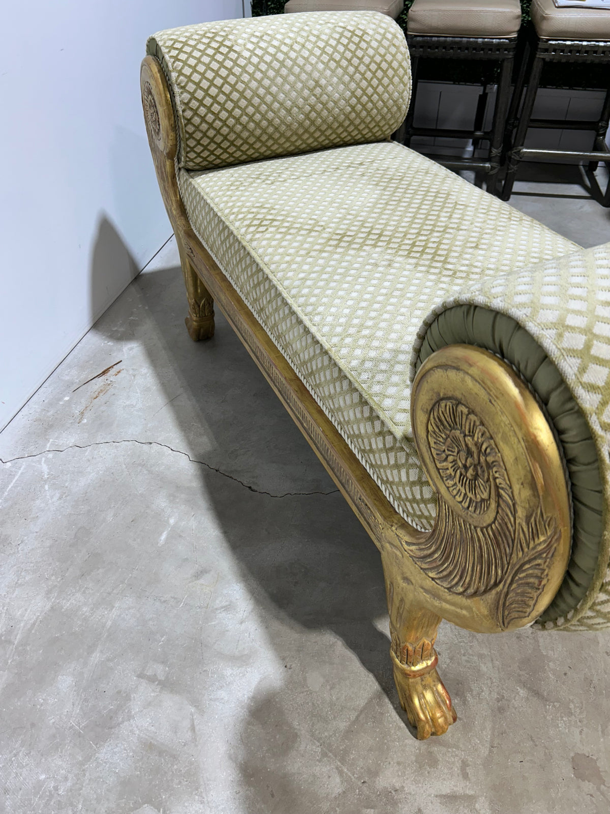 Gilt Clawfoot Rolled Arm Bench / 2 Available