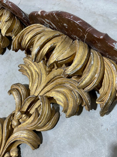 Pair of Wood Carved Gold Gilt Wall Brackets with Marble Tops