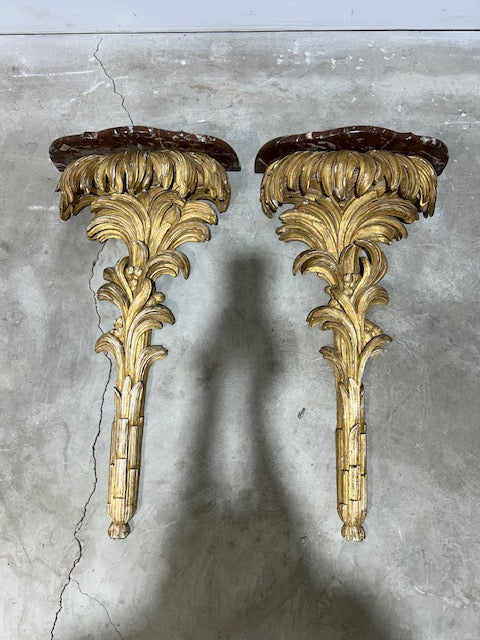 Pair of Wood Carved Gold Gilt Wall Brackets with Marble Tops