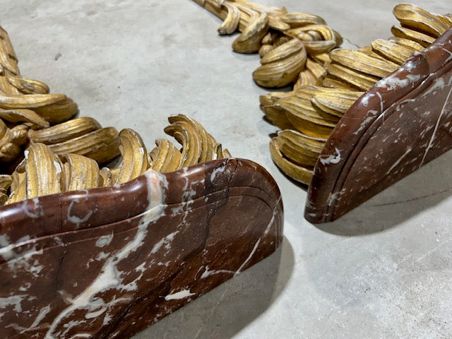 Pair of Wood Carved Gold Gilt Wall Brackets with Marble Tops