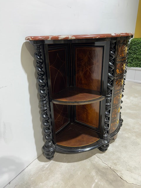 Inlaid Display Cabinet with Turn Column Accents and Marble Top