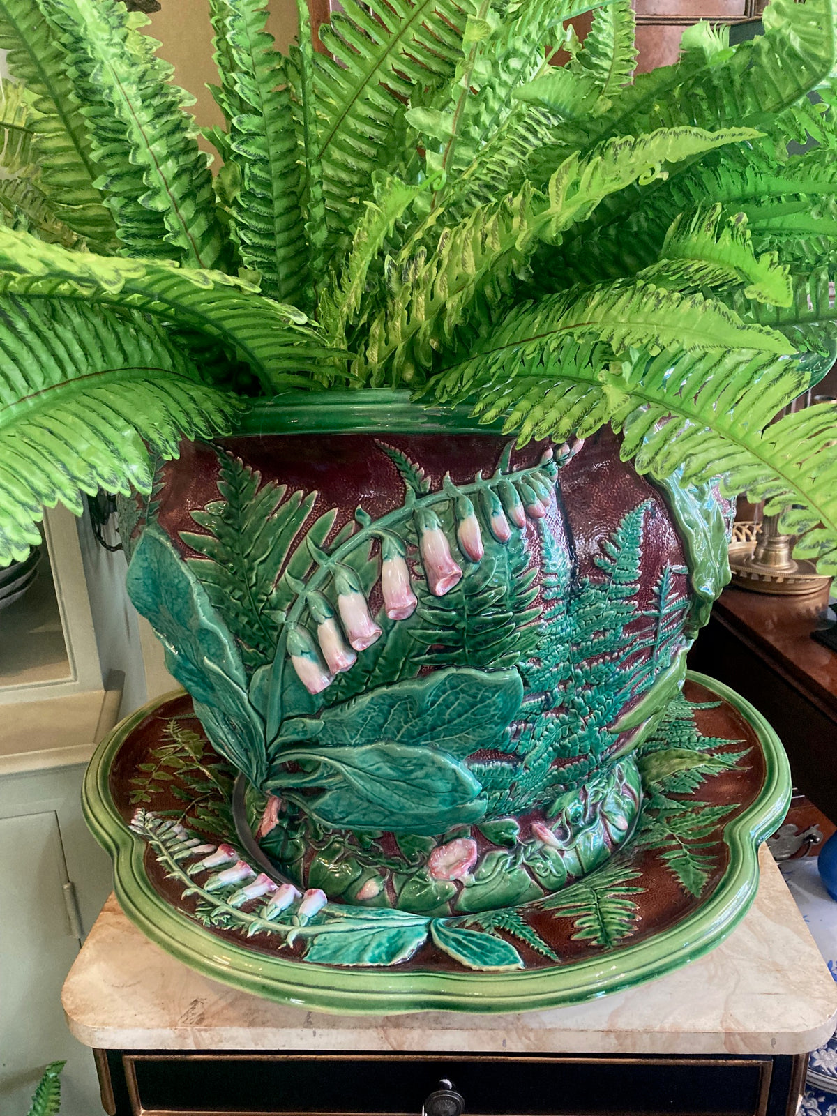 Minton Majolica Foxglove Jardiniere With Under Tray Circa 1870