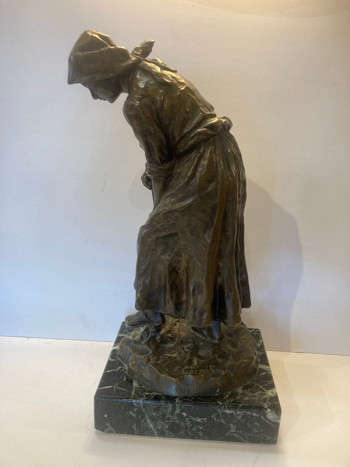 Bronze Lady with Shovel Signed by F. Gornik