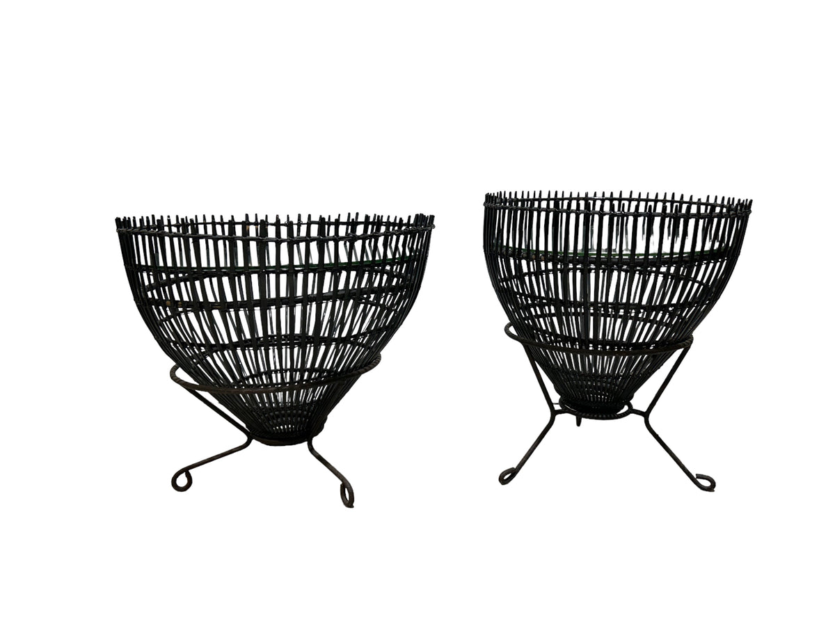 Pair of Rattan Fish Trap Baskets with Iron Tripod Bases