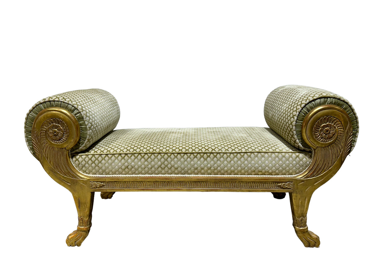 Gilt Clawfoot Rolled Arm Bench / 2 Available