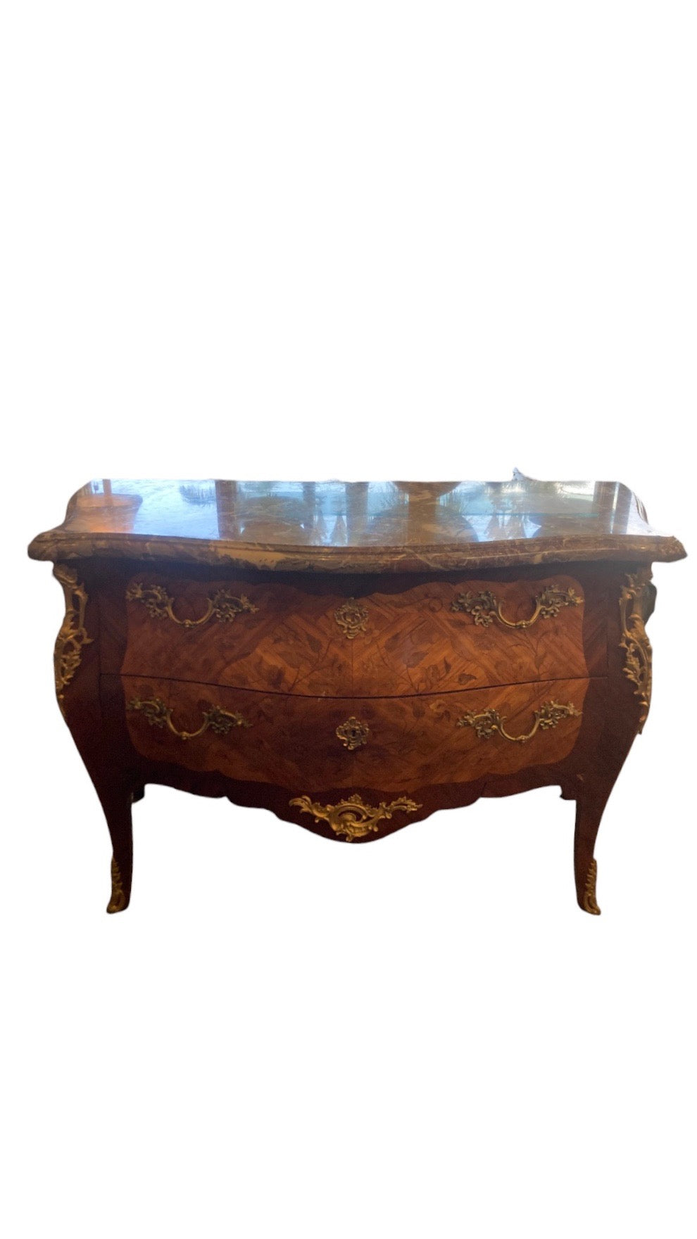 French Marble Top Inlaid Chest With Two Drawers
