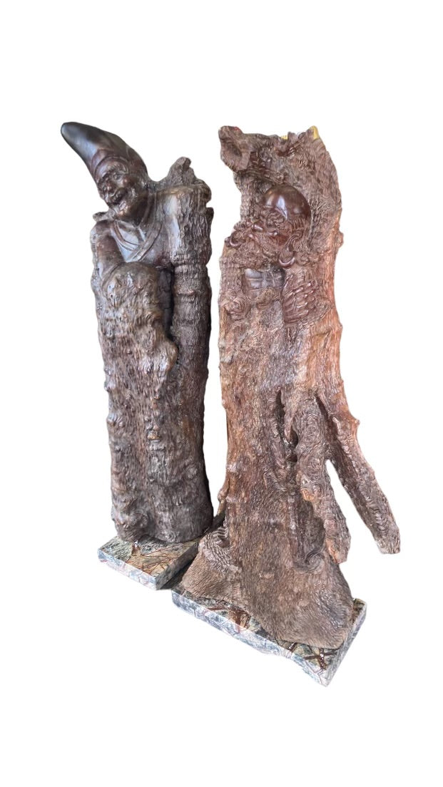 Pair Chinese Wood Carvings on Marble Bases