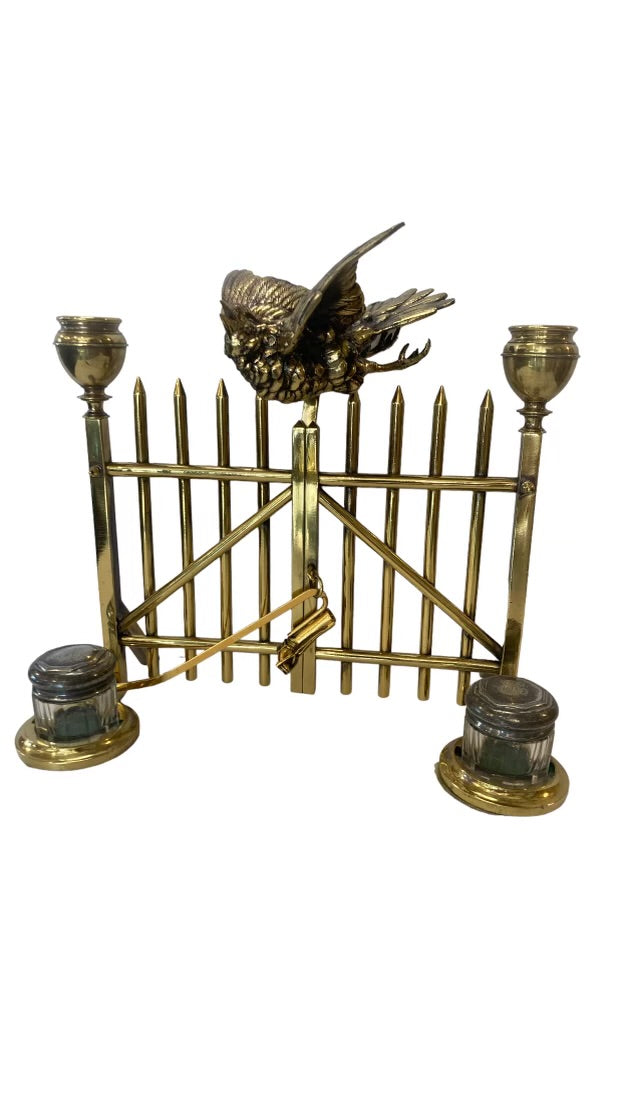 Brass, Sterling & Crystal Inkwell with Candleholders