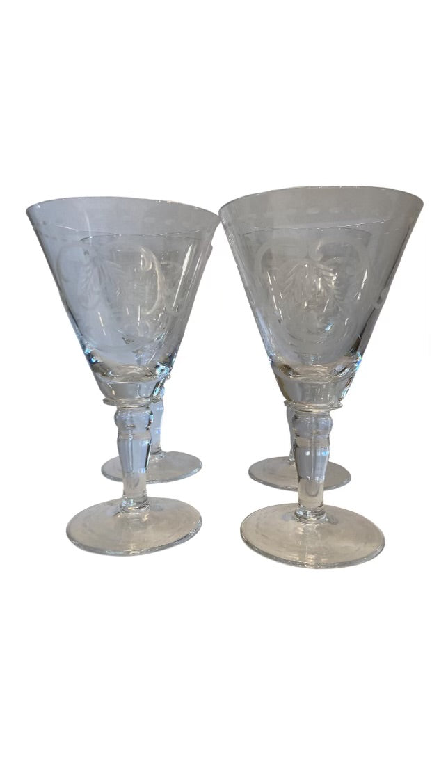 Set Twelve Crystal Etched Water Goblets