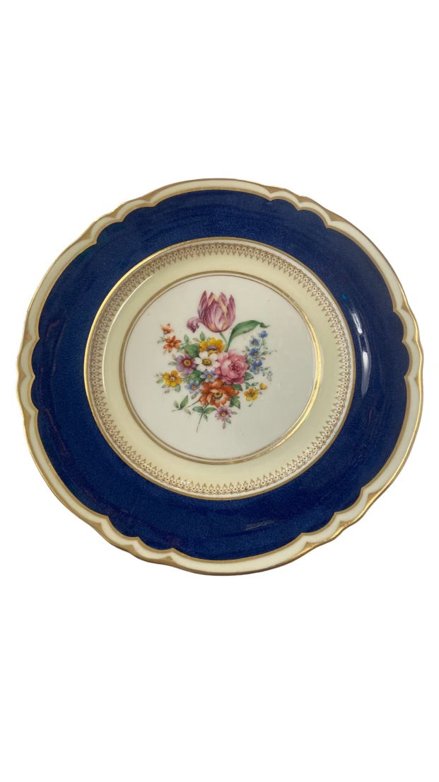 S/12 English Crown Staffordshire Cobalt W/Floral Center Plates