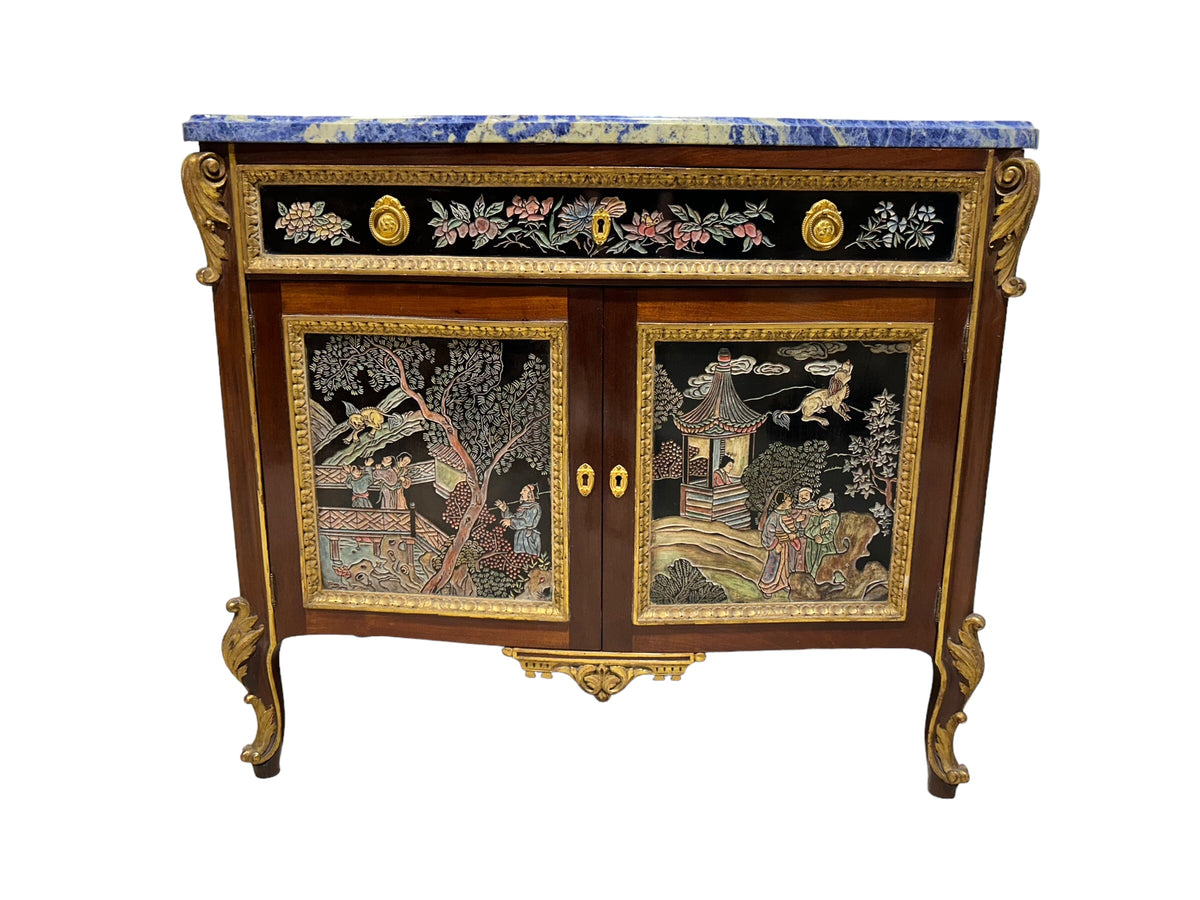 Pair of Chinoiserie Commodes with Blue Marble Top