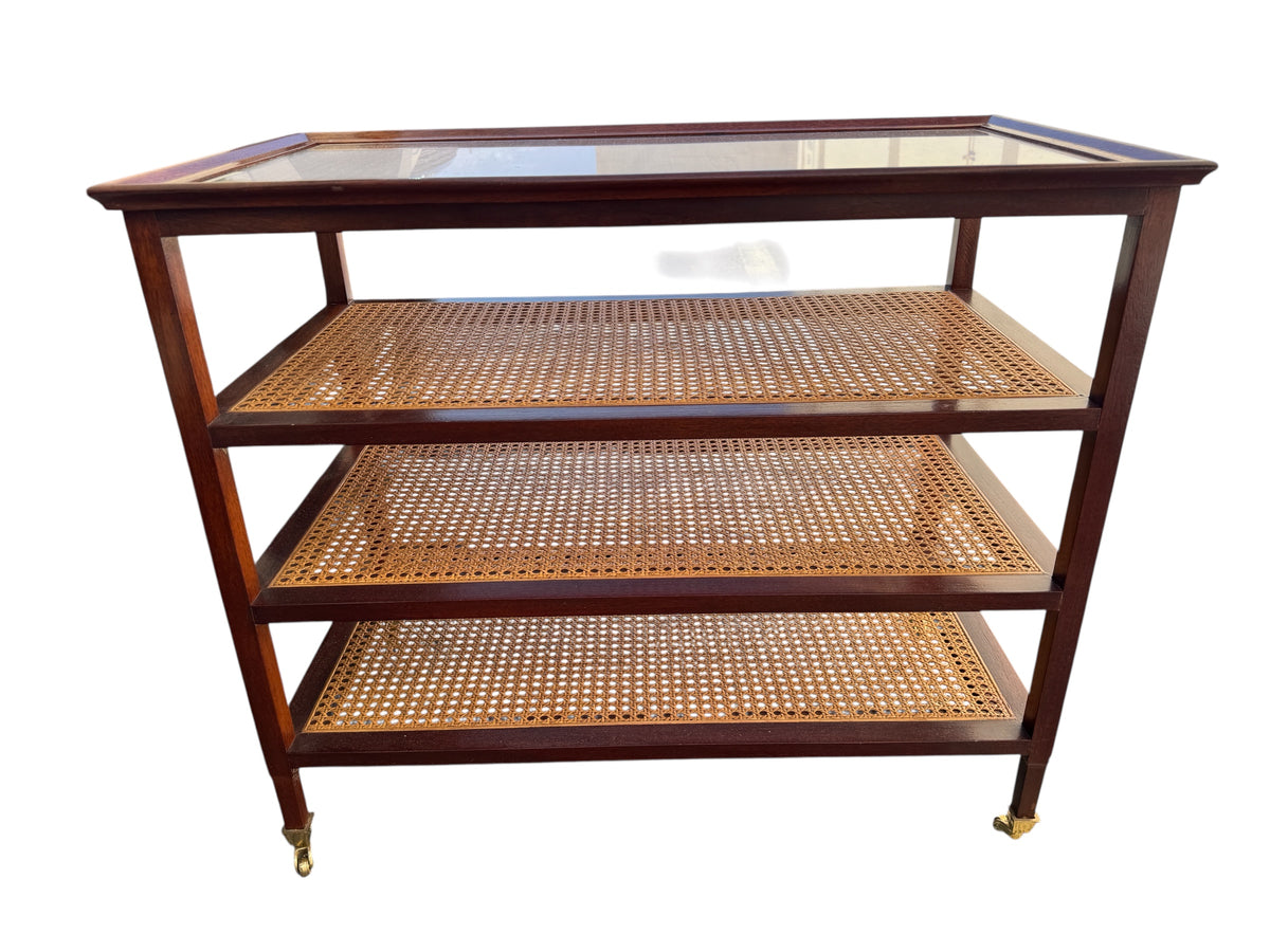 Vintage British Khaki Style Mahogany and Cane Side Table