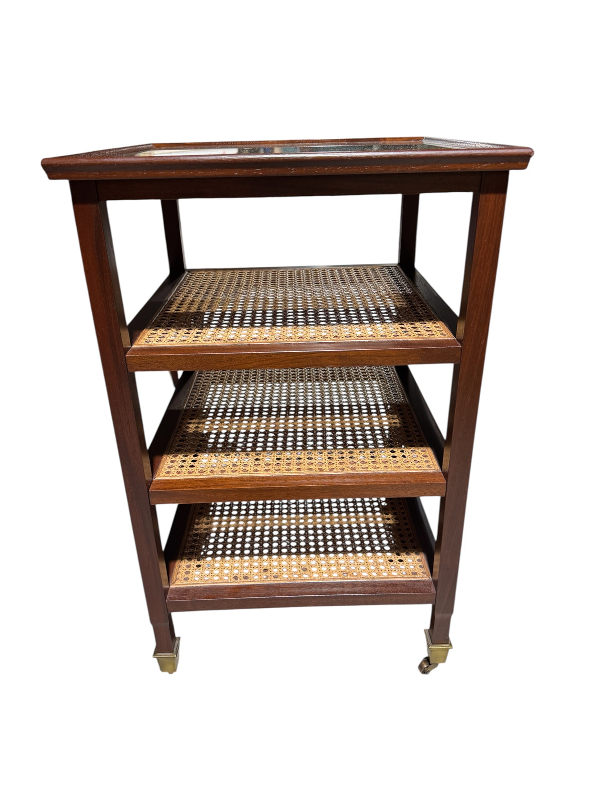 Pair British Khaki Style Caned Etegere Side Tables