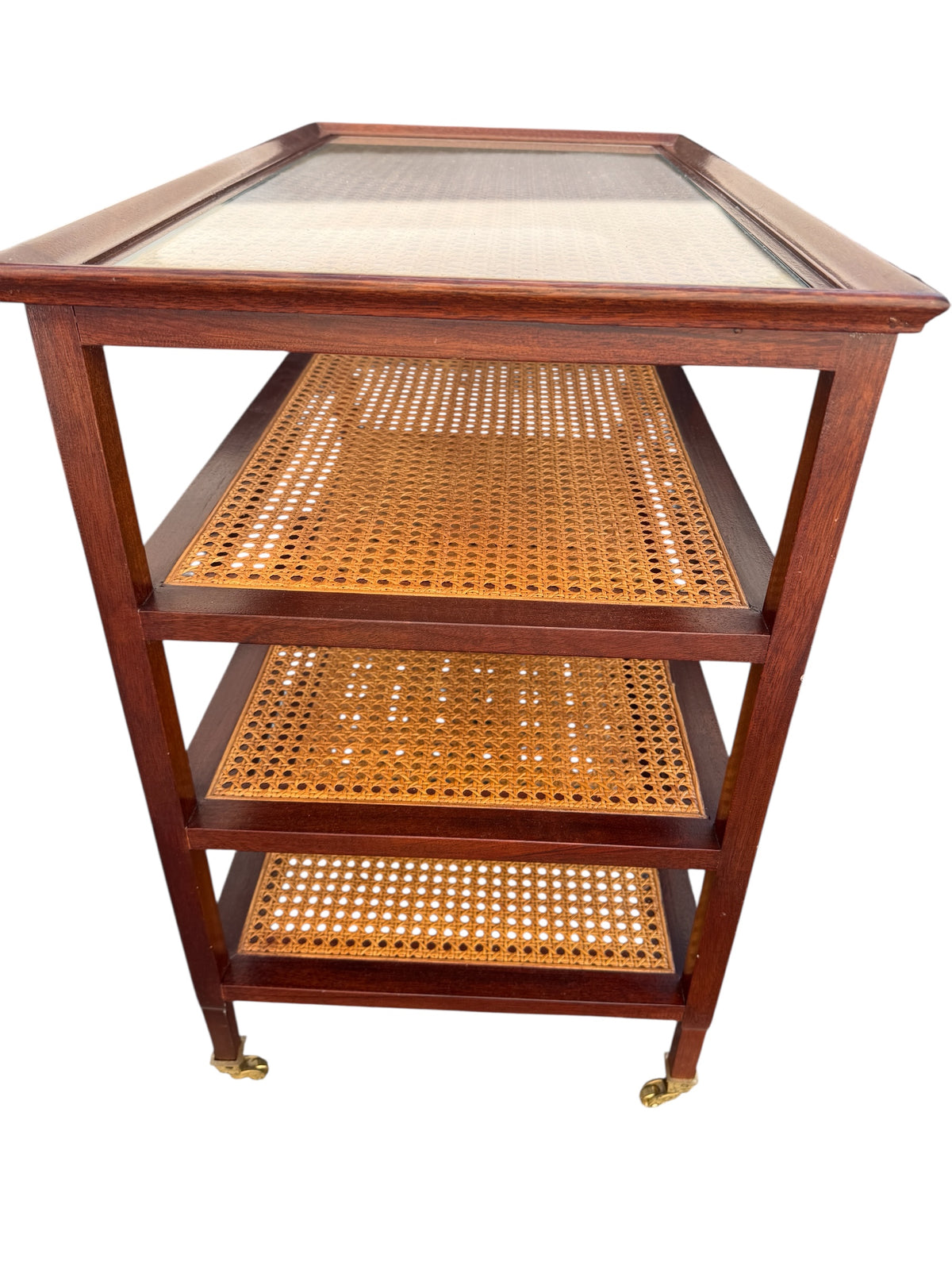 Pair British Khaki Style Caned Etegere Side Tables