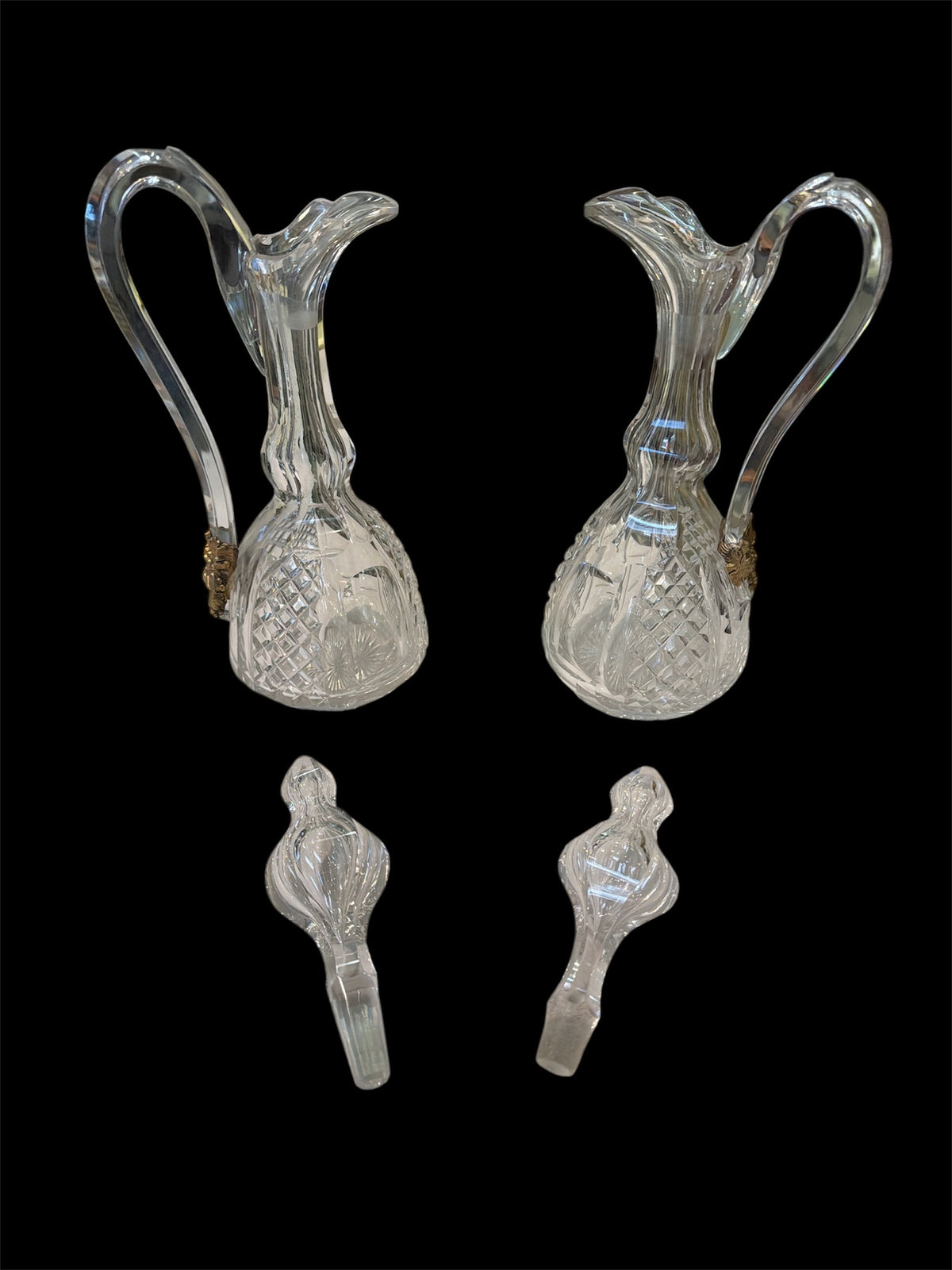 Pair Crystal Decanters with Grape Metal Decor Handle