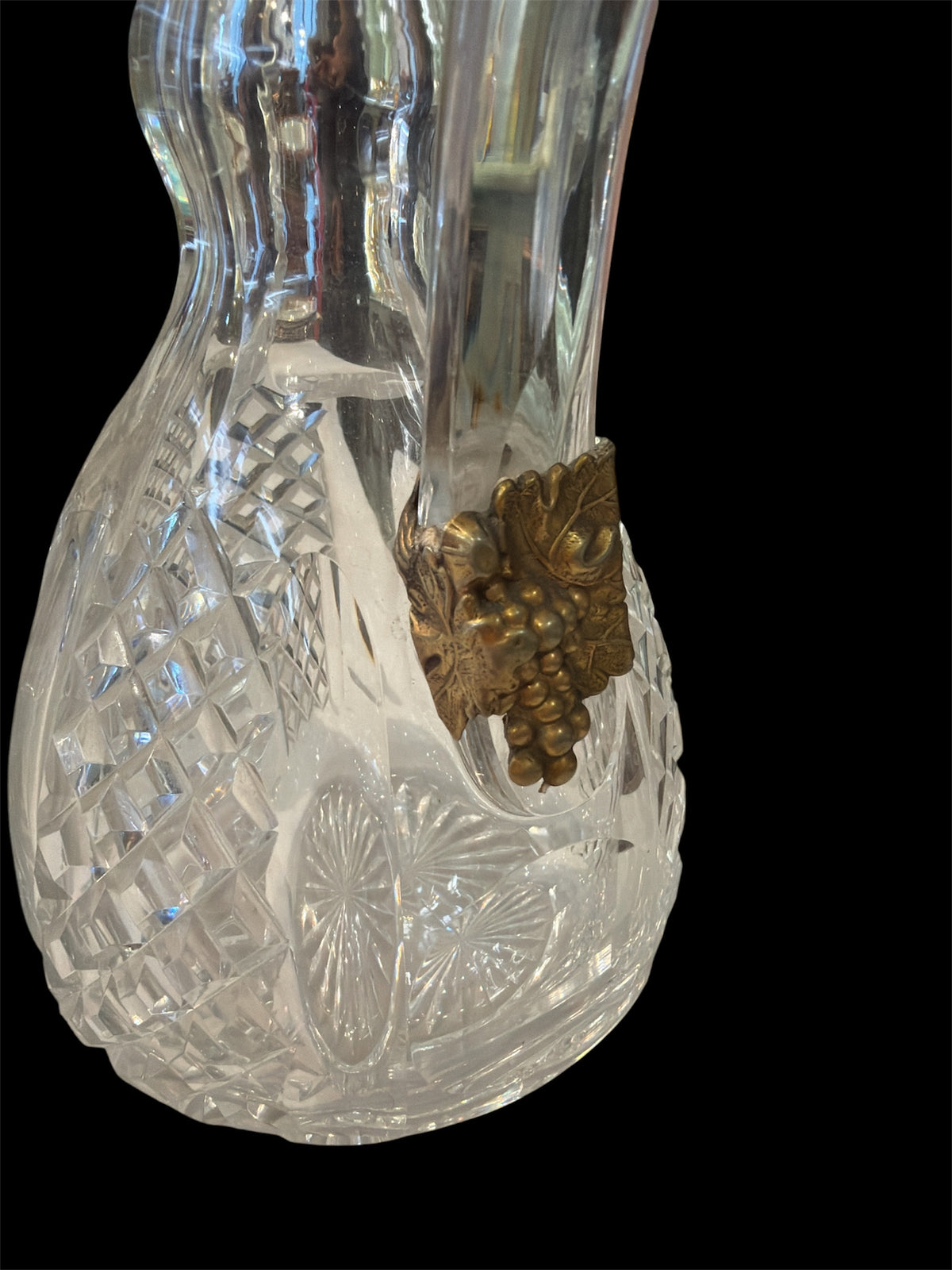 Pair Crystal Decanters with Grape Metal Decor Handle