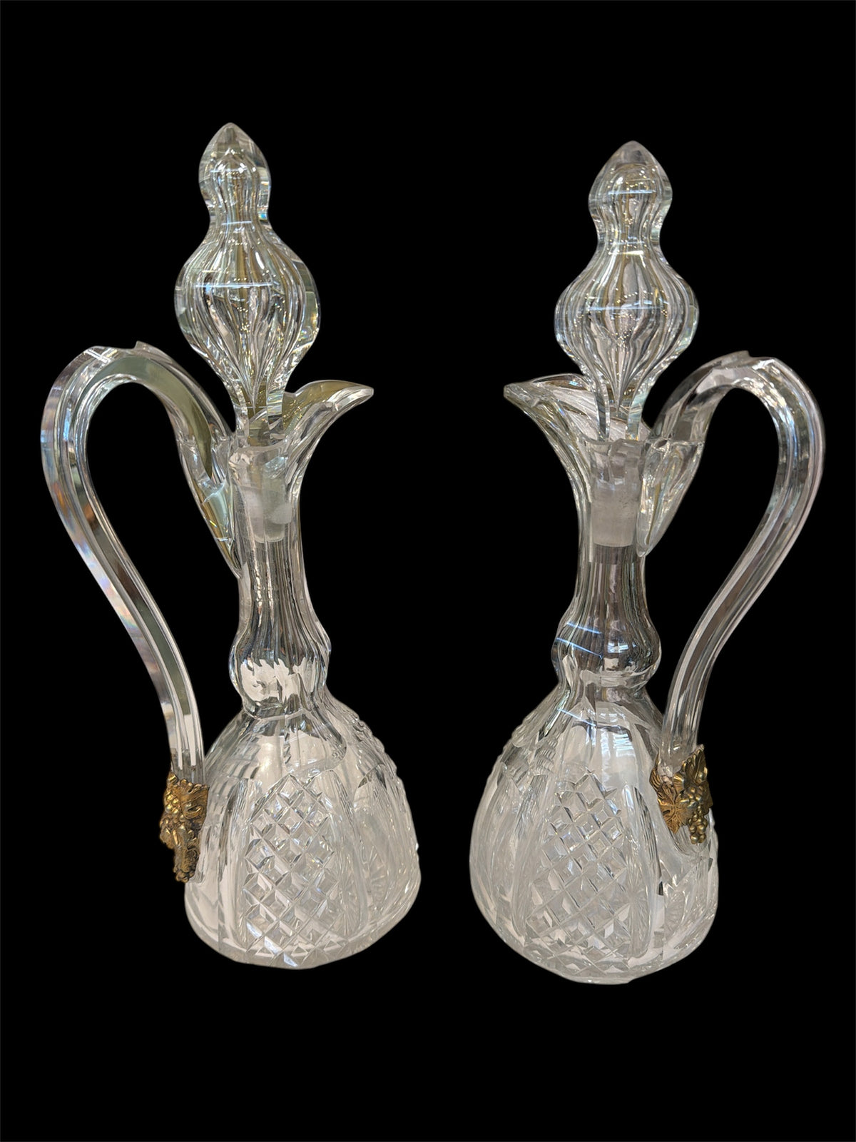 Pair Crystal Decanters with Grape Metal Decor Handle