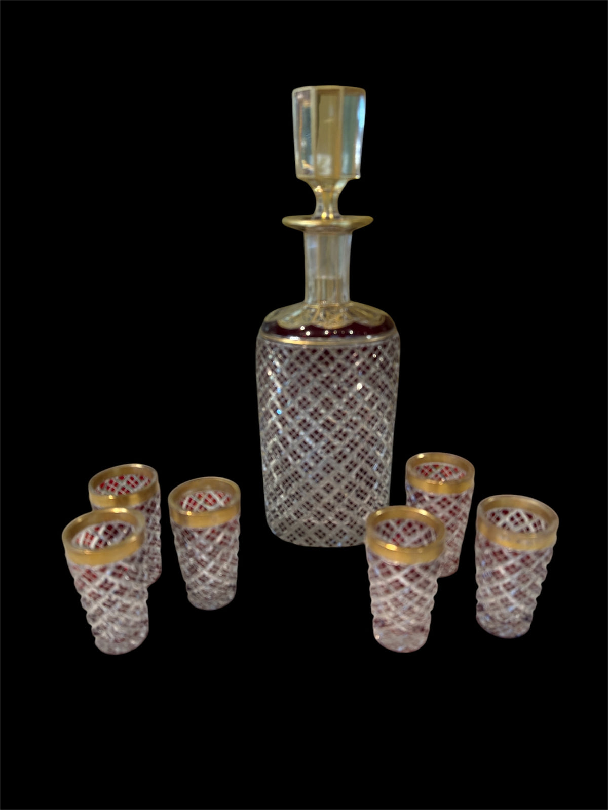 Red and Gold Decanter with Six Glasses
