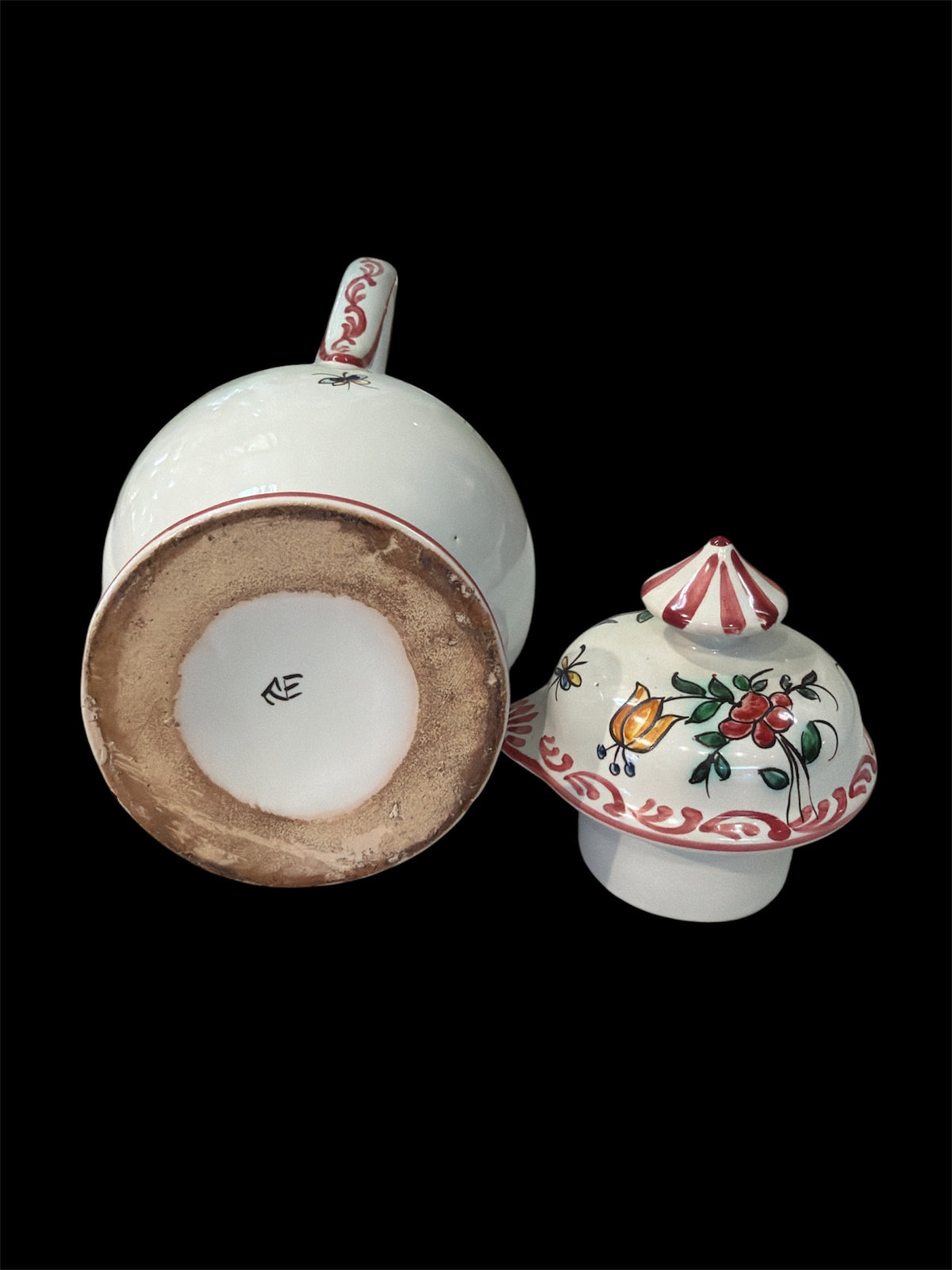 Hand-Painted Italian Pottery Coffee Pot with Lid In The Style of Rouen Pichet