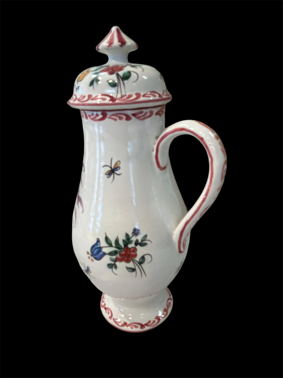 Hand-Painted Italian Pottery Coffee Pot with Lid In The Style of Rouen Pichet