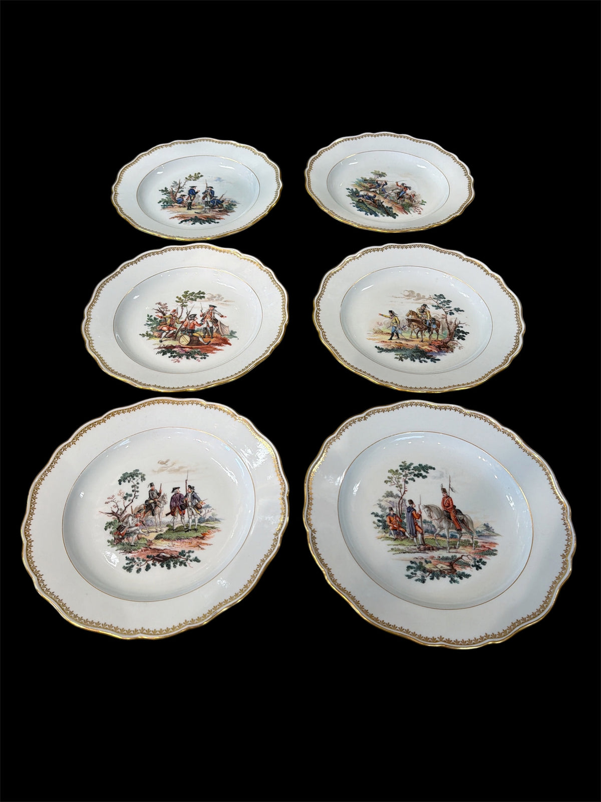 Set of Six Meissen Plates Soldiers and Figures in Historical Attire