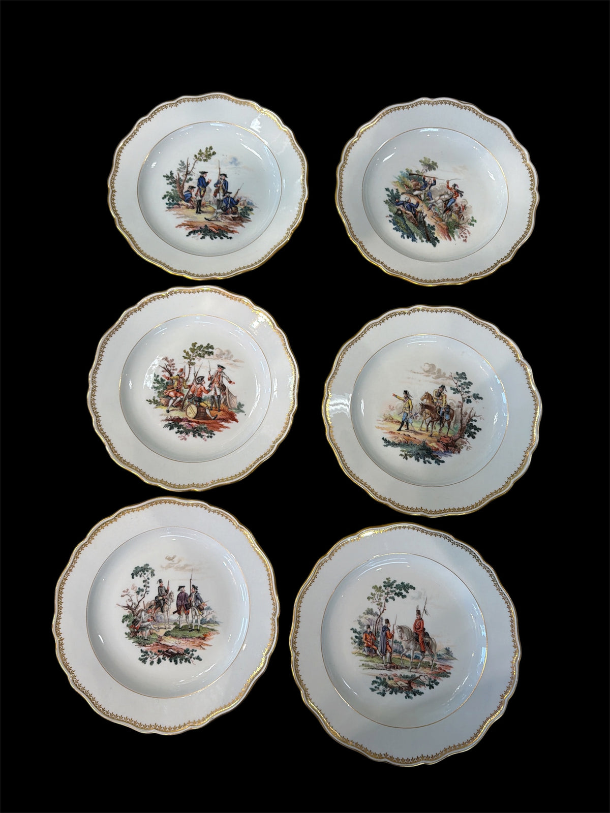 Set of Six Meissen Plates Soldiers and Figures in Historical Attire