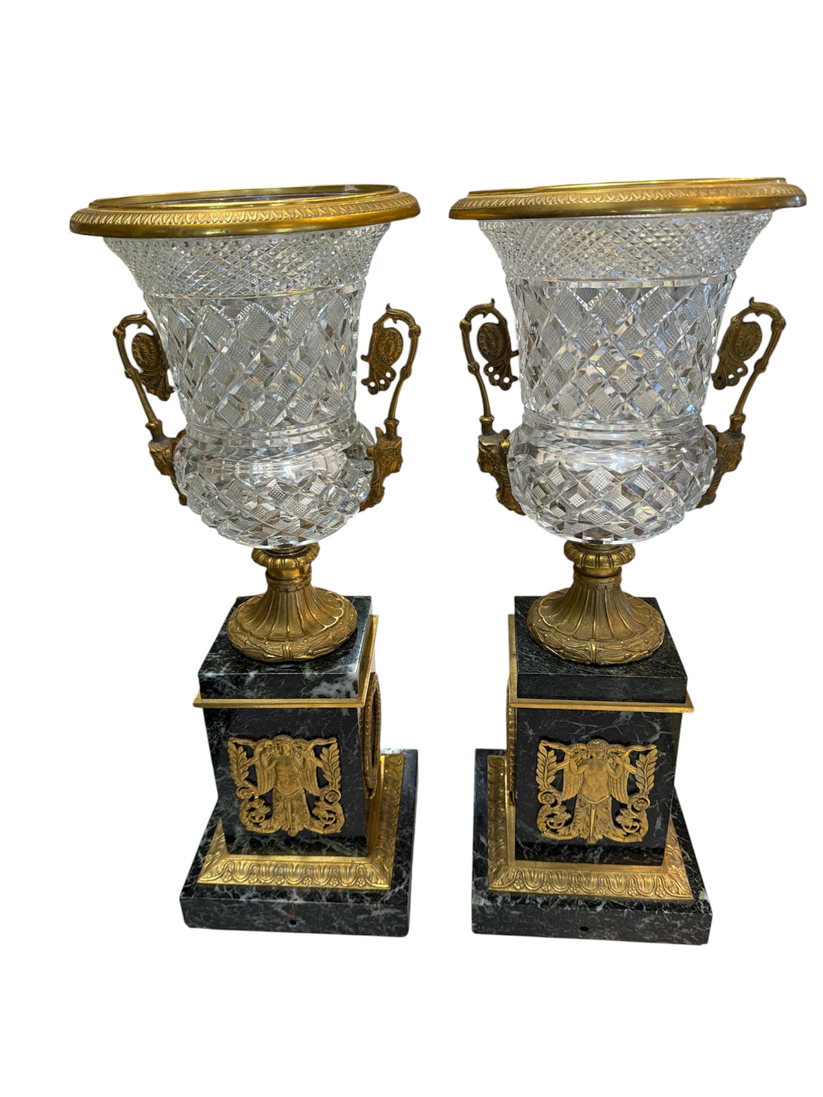 Pair Crystal and Bronze Mounted Urns Marble Bases