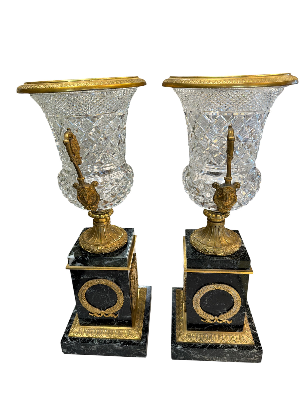 Pair Crystal and Bronze Mounted Urns Marble Bases
